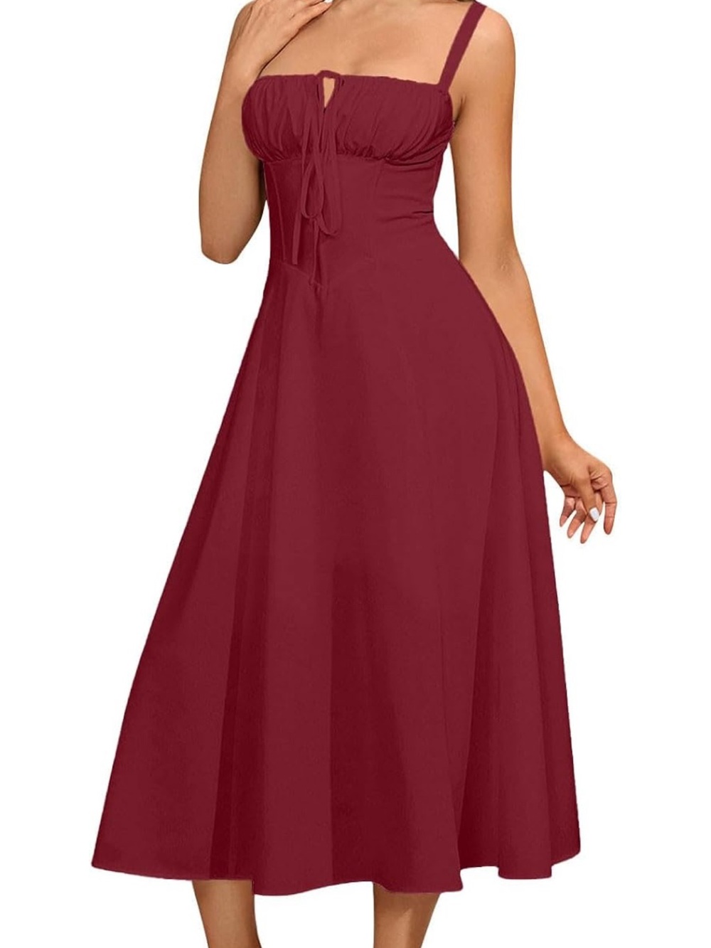 Women's Burgundy Tie-Front Midi Dress